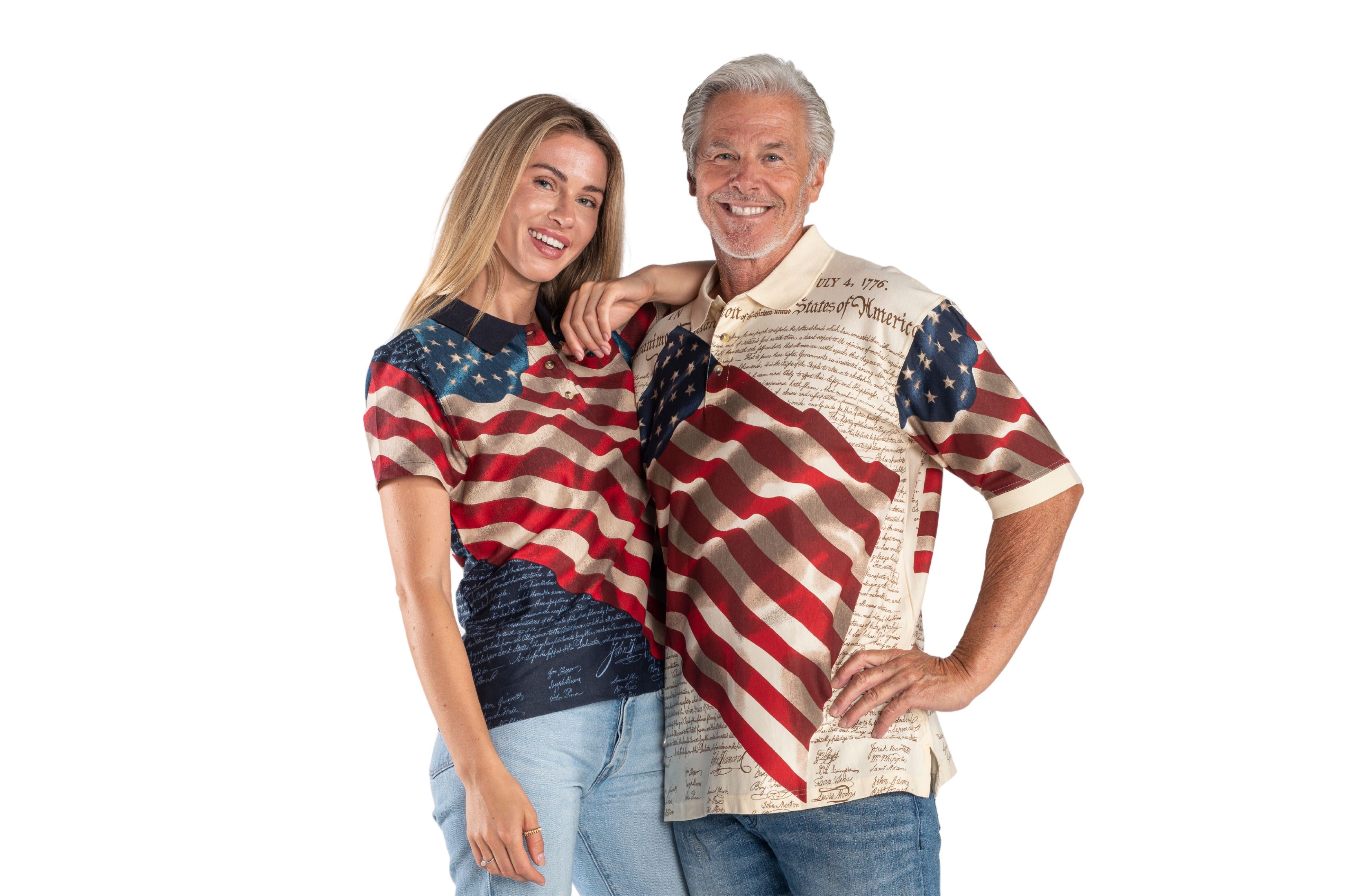 Two people wearing shirts depicting the American flag